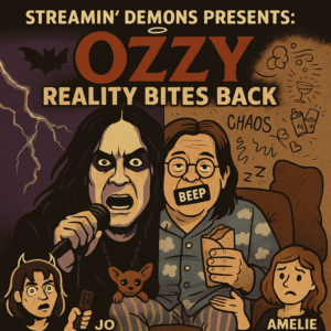 Ozzy Osbourne Legacy Illustration of Ozzy Osbourne split in two styles: left side shows Ozzy as a screaming metal icon with a microphone and lightning; right side shows him as a pajama-wearing TV dad holding a burrito with a censored “BEEP” mouth. Jo and Amelie appear cartoonishly in the corners, surrounded by chaos doodles and symbols.