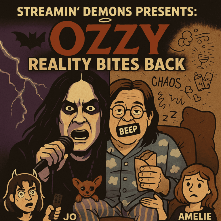 Ozzy Osbourne Legacy Illustration of Ozzy Osbourne split in two styles: left side shows Ozzy as a screaming metal icon with a microphone and lightning; right side shows him as a pajama-wearing TV dad holding a burrito with a censored “BEEP” mouth. Jo and Amelie appear cartoonishly in the corners, surrounded by chaos doodles and symbols.